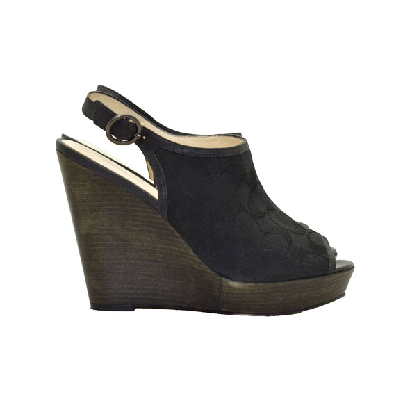 B0 Auth COACH Janet Black Signature Jacquard Hi Heel Wedge Sandal Shoes Sz 8.5M - Picture 2 of 8